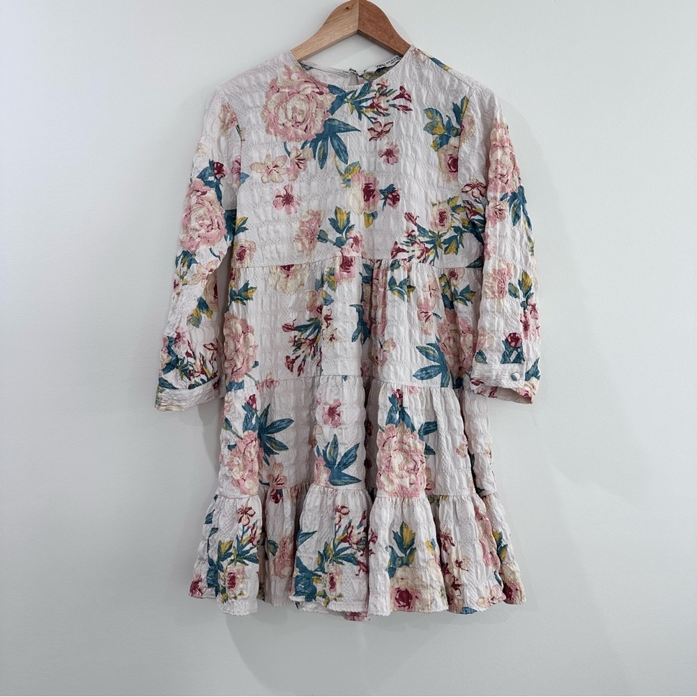 Zara Sharon 3/4 sleeve ruffle tiered floral dress multicolor pink green medium - Picture 3 of 7
